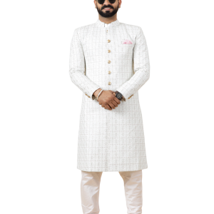 Alluring White Thread Embroidered Sherwani | Father Son Combo | Perfect Groom Wear Achkan